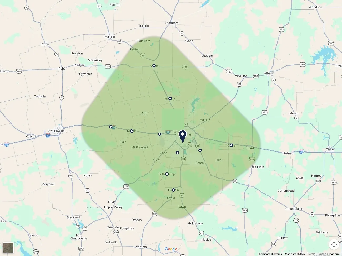 Map of the Brothers Plumbing service area around Abilene, TX, including Anson, Hawley, Buffalo Gap, Merkel, Potosi, Trent, Tuscola, Tye, Wylie, and Clyde